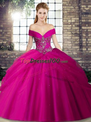 Superior Fuchsia Ball Gowns Beading and Pick Ups Vestidos de Quinceanera Lace Up Tulle Sleeveless