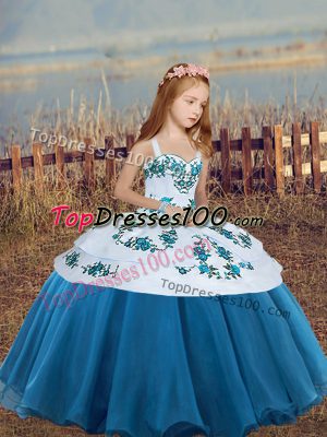 Blue Ball Gowns Straps Sleeveless Organza Floor Length Lace Up Embroidery Little Girls Pageant Dress Wholesale