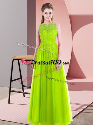 High Class Yellow Green Empire Tulle Scoop Sleeveless Beading Floor Length Side Zipper Celebrity Style Dress