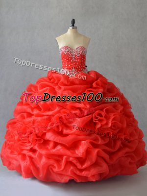 Red Ball Gowns Organza Sweetheart Sleeveless Pick Ups and Hand Made Flower Floor Length Lace Up Ball Gown Prom Dress