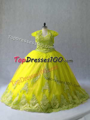 Tulle Sweetheart Sleeveless Court Train Lace Up Appliques Quince Ball Gowns in Yellow Green