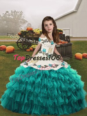 New Arrival Teal Lace Up Straps Embroidery and Ruffled Layers Little Girl Pageant Dress Organza Sleeveless