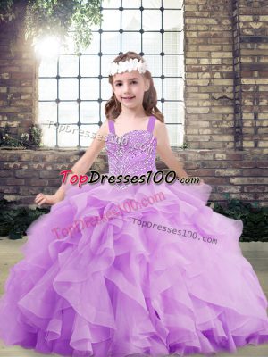 Fashionable Lavender Ball Gowns Beading and Ruffles Kids Formal Wear Lace Up Tulle Sleeveless Floor Length