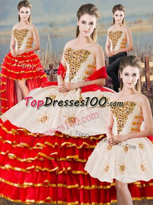 Custom Design White And Red Ball Gowns Beading and Ruffled Layers Quinceanera Gowns Lace Up Organza Sleeveless Floor Length