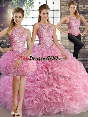 Rose Pink Three Pieces Beading Quinceanera Dress Lace Up Fabric With Rolling Flowers Sleeveless Floor Length