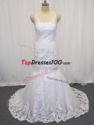 Unique Brush Train Mermaid Wedding Dresses White Scoop Tulle Sleeveless Side Zipper