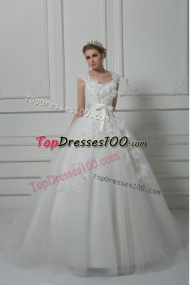 Exquisite Tulle Sleeveless Wedding Dress Brush Train and Lace and Appliques and Belt and Hand Made Flower