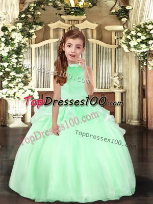 Apple Green Ball Gowns Halter Top Sleeveless Organza Floor Length Backless Beading Little Girls Pageant Gowns