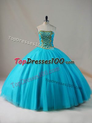 Fancy Floor Length Blue Quinceanera Gown Strapless Sleeveless Lace Up
