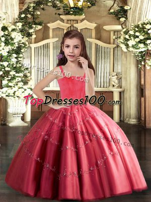 Cute Coral Red Ball Gowns Beading Pageant Dress for Girls Lace Up Tulle Sleeveless Floor Length