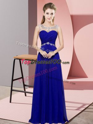Sophisticated Floor Length Backless Homecoming Dress Blue for Prom and Party and Military Ball with Beading