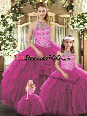 Floor Length Lace Up Vestidos de Quinceanera Fuchsia for Military Ball and Sweet 16 and Quinceanera with Beading and Ruffles
