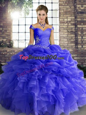 Sleeveless Organza Floor Length Lace Up Sweet 16 Dress in Blue with Beading and Ruffles and Pick Ups