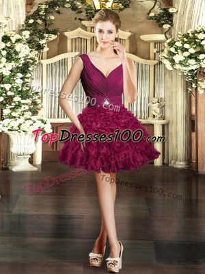 V-neck Sleeveless Prom Homecoming Dress Mini Length Ruffles Burgundy Organza