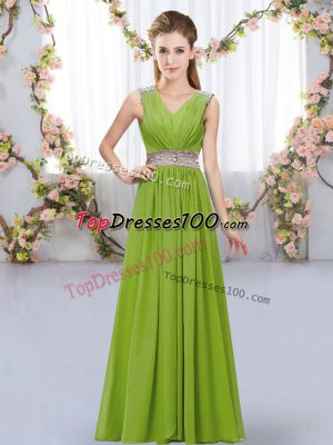 Best Selling Olive Green Chiffon Lace Up Quinceanera Court Dresses Sleeveless Floor Length Beading and Belt
