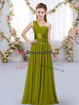 Classical Olive Green Chiffon Lace Up One Shoulder Sleeveless Floor Length Wedding Party Dress Belt