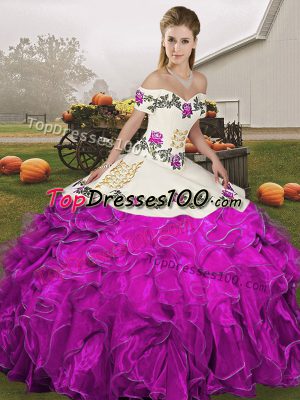 Customized White And Purple Ball Gowns Off The Shoulder Sleeveless Organza Floor Length Lace Up Embroidery and Ruffles Quinceanera Gown