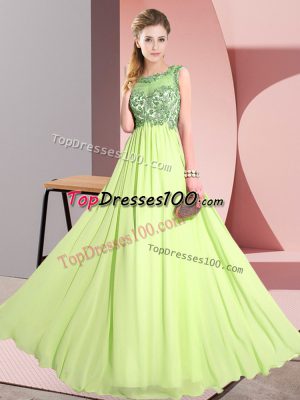 Ideal Floor Length Yellow Green Wedding Party Dress Chiffon Sleeveless Beading and Appliques