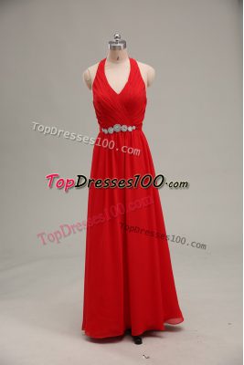 Classical Red Halter Top Zipper Beading and Ruching Prom Dresses Sleeveless