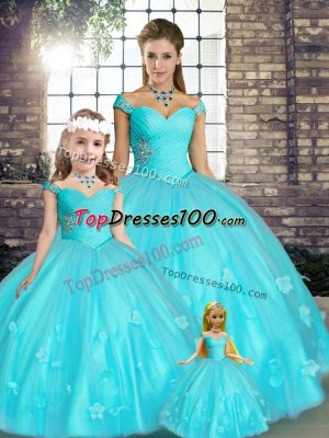 Fabulous Sleeveless Floor Length Beading and Appliques Lace Up Quince Ball Gowns with Aqua Blue