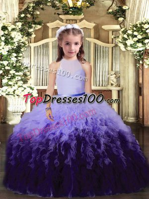 Hot Sale Multi-color High-neck Neckline Beading and Ruffles Little Girl Pageant Gowns Sleeveless Backless