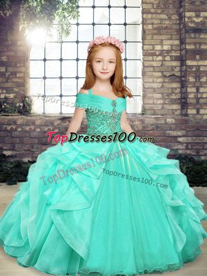 Excellent Straps Sleeveless Child Pageant Dress Floor Length Beading Apple Green Organza
