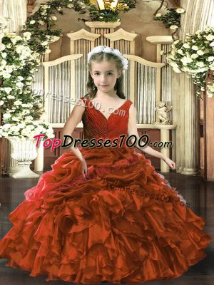 V-neck Sleeveless Pageant Dress for Womens Floor Length Beading and Ruffles and Pick Ups Brown Organza