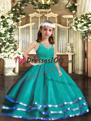 Stunning Turquoise Tulle Zipper V-neck Sleeveless Floor Length Little Girls Pageant Dress Ruffled Layers