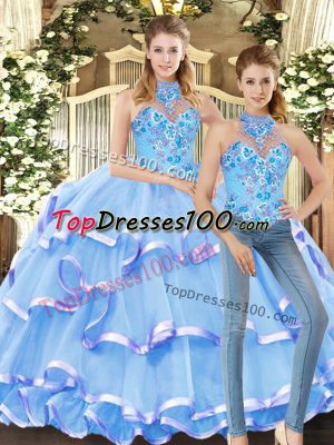 New Arrival Halter Top Sleeveless Organza Sweet 16 Dress Embroidery and Ruffled Layers Lace Up