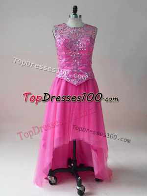 Hot Pink Empire Scoop Sleeveless Tulle High Low Beading Homecoming Dress