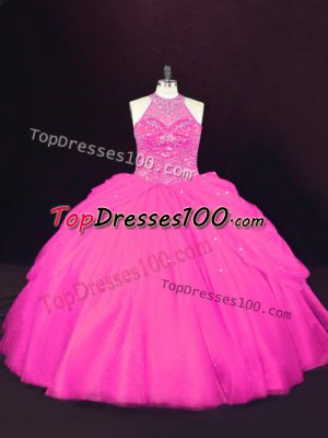 Romantic Floor Length Ball Gowns Sleeveless Hot Pink Ball Gown Prom Dress Lace Up