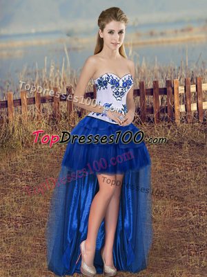 Dramatic Sleeveless Lace Up High Low Embroidery and Ruffled Layers Homecoming Dress
