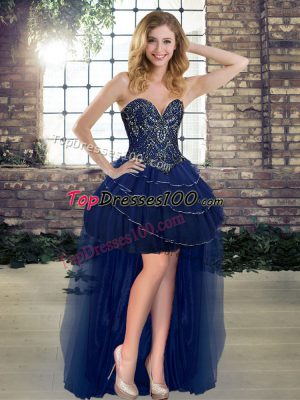 Noble Sweetheart Sleeveless Red Carpet Prom Dress High Low Beading and Ruffled Layers Navy Blue Tulle