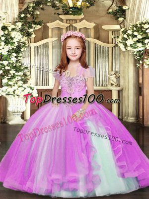 Trendy Lilac Ball Gowns Beading Little Girl Pageant Gowns Lace Up Tulle Sleeveless Floor Length