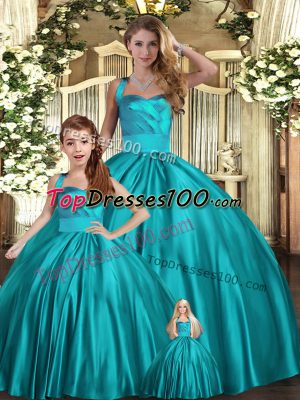 Super Teal Sweet 16 Dress Military Ball and Sweet 16 and Quinceanera with Ruching Halter Top Sleeveless Lace Up