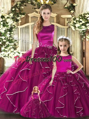 Cute Fuchsia Ball Gowns Tulle Scoop Sleeveless Ruffles Floor Length Lace Up Quinceanera Dress