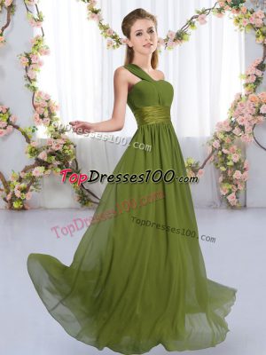 Ruching Bridesmaids Dress Olive Green Lace Up Sleeveless Floor Length
