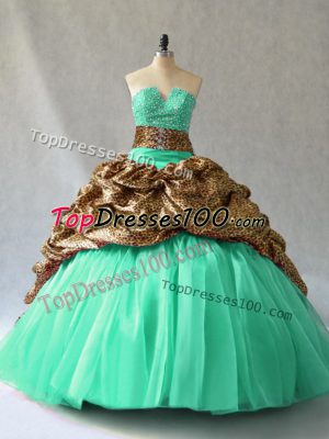 Sleeveless Beading and Pick Ups Lace Up Sweet 16 Quinceanera Dress with Aqua Blue and Turquoise Brush Train