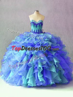 Best Beading and Appliques and Ruffles Quinceanera Gown Multi-color Lace Up Sleeveless Floor Length