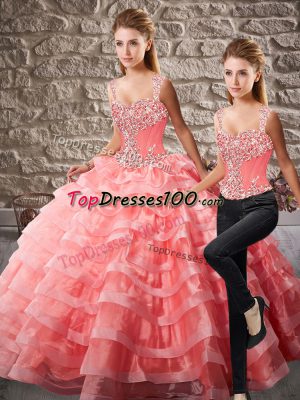 Ball Gowns Sleeveless Watermelon Red Quinceanera Gowns Court Train Lace Up