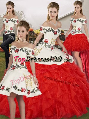 Hot Sale Floor Length Lace Up Sweet 16 Quinceanera Dress White And Red for Military Ball and Sweet 16 and Quinceanera with Embroidery and Ruffles