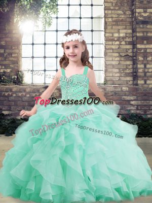 Custom Designed Apple Green Sleeveless Floor Length Beading and Ruffles Lace Up Girls Pageant Dresses