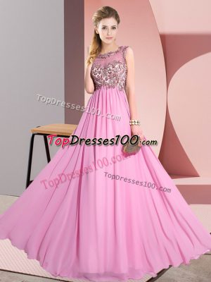 Rose Pink Empire Beading and Appliques Bridesmaid Dresses Backless Chiffon Sleeveless Floor Length
