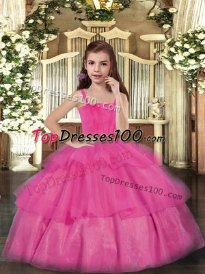 Hot Pink Tulle Lace Up Straps Sleeveless Floor Length Little Girl Pageant Gowns Ruffled Layers