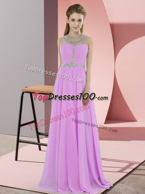 Scoop Sleeveless Prom Dresses Floor Length Beading Lilac Chiffon