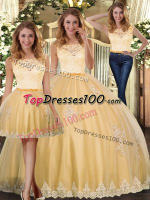 Beautiful Gold Sleeveless Floor Length Lace and Appliques Clasp Handle Sweet 16 Dress