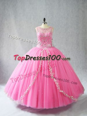 Rose Pink Ball Gowns Tulle Scoop Sleeveless Beading and Appliques Floor Length Lace Up Quinceanera Gown
