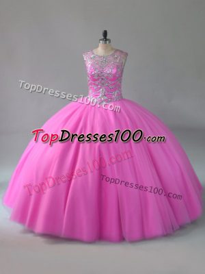 Gorgeous Beading 15 Quinceanera Dress Rose Pink Lace Up Sleeveless Floor Length
