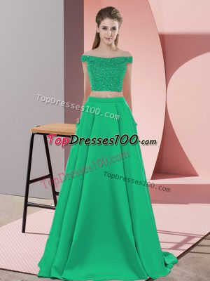 Beauteous Off The Shoulder Sleeveless Sweep Train Backless Prom Party Dress Turquoise Elastic Woven Satin