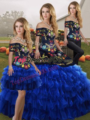 Blue And Black Vestidos de Quinceanera Military Ball and Sweet 16 and Quinceanera with Embroidery and Ruffled Layers Off The Shoulder Sleeveless Lace Up
